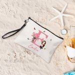 Personalized Birth Flower Bouquet Canvas Makeup Bag with Initial Name and Wristlet Birthday Anniversary Gift for Girl Women