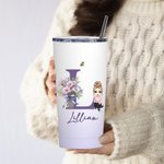 Personalized Gradient Birth Flower Bouquet Cartoon 20oz Initial Name Tumbler with Lid and Straw Birthday Holiday Gift for Women Girls