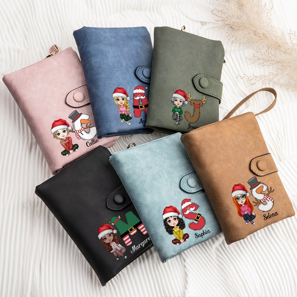 Personalizada de dibujos animados de Navidad del personaje de las iniciales de cuero de tres pliegues nombre de la cartera de pulsera con tarjetero cu