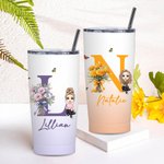 Personalized Gradient Birth Flower Bouquet Cartoon 20oz Initial Name Tumbler with Lid and Straw Birthday Holiday Gift for Women Girls