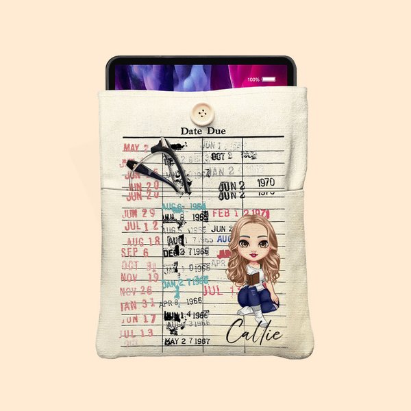Personalized Retro Date Due Card Cartoon Character Book Sleeve Cover with Name and Front Pocket Back to School Gift for Book Lovers Librarian