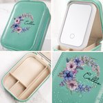 Personalized Birth Flower Wreath Leather Jewellery Box with Name and LED Light Makeup Mirror Travel Essential Birthday Gift for Women
