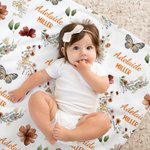 Coperta di sicurezza personalizzata Bohemian Wildflower Butterfly Name con sfondo a puntini Regalo di battesimo per la doccia del bambino per il neonato