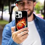 Personalised Flaming Basketball Football Sports Ball Design TPU Phone Case for iPhone with Name Birthday Match Day Gift for Ball Games Lovers