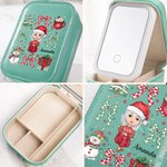 Personalised Christmas Bow Snowman Cartoon Leather Jewellery Box with Name and LED Three-colour Adjustable Makeup Mirror Christmas Gift for Women Girls