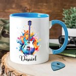Personalised Colourful Splash Ink Guitar Theme 11oz Ceramic Mug with Name and Handle Birthday Gift for Guitar Players Lovers