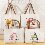 Personalised Birth Flower Bouquet Cartoon Character Leather Handle Canvas Tote Bag with Name and Initial Birthday Gift for Women Girls