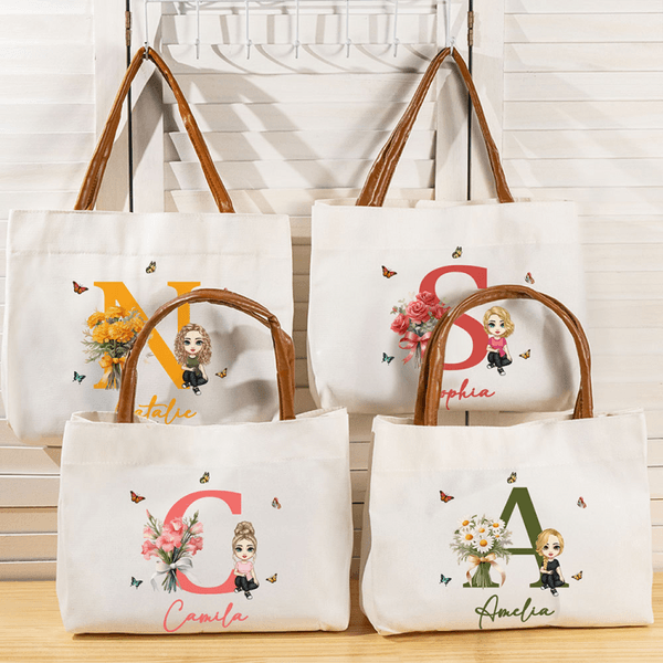 Personalised Birth Flower Bouquet Cartoon Character Leather Handle Canvas Tote Bag with Name and Initial Birthday Gift for Women Girls
