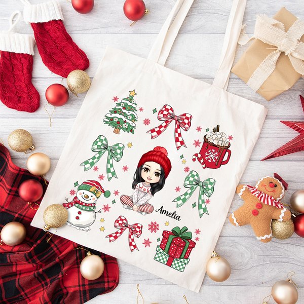 Grand sac en toile avec personnage de dessin animé et nom Cadeau de fête de Noël pour les femmes et les filles