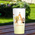 Personalized Gradient Birth Flower Bouquet Cartoon 20oz Initial Name Tumbler with Lid and Straw Birthday Holiday Gift for Women Girls