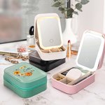 Personalized Birth Flower Wreath Leather Jewellery Box with Name and LED Light Makeup Mirror Travel Essential Birthday Gift for Women