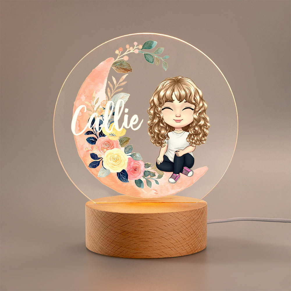 Veilleuse LED Personnalisée avec Personnage Cartoon et Nom à Motif Lune Florale Base en Bois Cadeau Noël Anniversaire pour Enfant