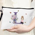 Personalized Birth Flower Bouquet Canvas Makeup Bag with Initial Name and Wristlet Birthday Anniversary Gift for Girl Women