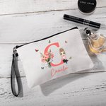 Personalized Birth Flower Bouquet Canvas Makeup Bag with Initial Name and Wristlet Birthday Anniversary Gift for Girl Women