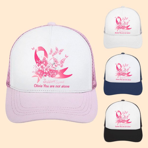 Personalised You Are Not Alone Pink Ribbon Name Lorryer Hat Mesh Baseball Cap with Adjustable Snapback Beating Breast Cancer Gift for Women