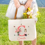 Personalised Birth Flower Bouquet Cartoon Character Leather Handle Canvas Tote Bag with Name and Initial Birthday Gift for Women Girls