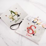 Personalized Birth Flower Bouquet Canvas Makeup Bag with Initial Name and Wristlet Birthday Anniversary Gift for Girl Women