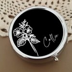 Personlig Födelseblomma Rund Mini Bärbar Pillerdosa med Namn och Spegel Födelsedagspresent till Vänner Familj