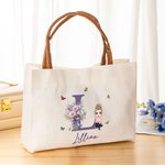 Personalised Birth Flower Bouquet Cartoon Character Leather Handle Canvas Tote Bag with Name and Initial Birthday Gift for Women Girls