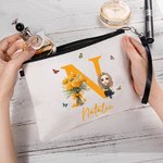 Personalized Birth Flower Bouquet Canvas Makeup Bag with Initial Name and Wristlet Birthday Anniversary Gift for Girl Women