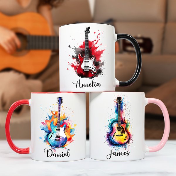 Personalized Colorful Splash Ink Guitar Theme 11oz Ceramic Mug with Name and Handle Birthday Gift for Guitar Players Lovers