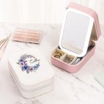 Personalized Birth Flower Wreath Leather Jewellery Box with Name and LED Light Makeup Mirror Travel Essential Birthday Gift for Women