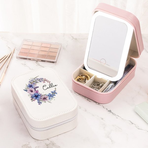 Personalized Birth Flower Wreath Leather Jewelry Box with Name and LED Light Makeup Mirror Travel Essential Birthday Gift for Women