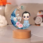 Personalised Cartoon Character Moon Flower LED Night Light with Wooden Base with Name Christmas Birthday Gift for Girls Boys