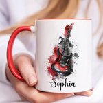 Personalised Colourful Splash Ink Guitar Theme 11oz Ceramic Mug with Name and Handle Birthday Gift for Guitar Players Lovers