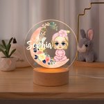 Personalised Cartoon Character Moon Flower LED Night Light with Wooden Base with Name Christmas Birthday Gift for Girls Boys