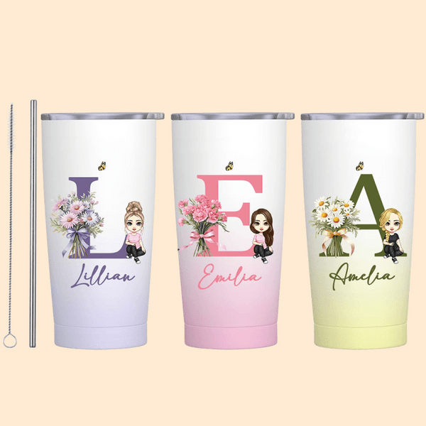 Personalized Gradient Birth Flower Bouquet Cartoon 20oz Initial Name Tumbler with Lid and Straw Birthday Holiday Gift for Women Girls