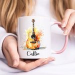 Personalised Colourful Splash Ink Guitar Theme 11oz Ceramic Mug with Name and Handle Birthday Gift for Guitar Players Lovers
