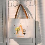 Personalised Birth Flower Bouquet Cartoon Character Leather Handle Canvas Tote Bag with Name and Initial Birthday Gift for Women Girls