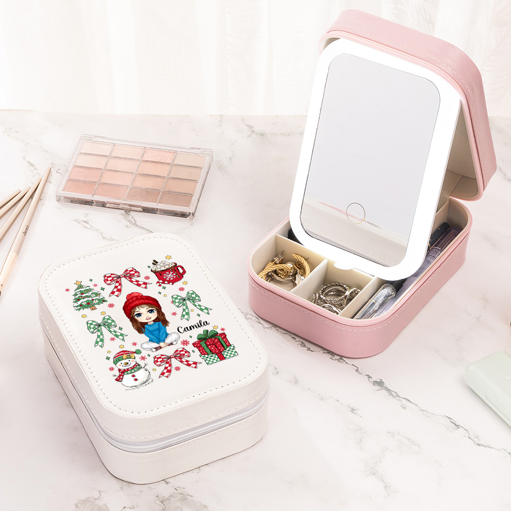 Boîte à bijoux personnalisée en cuir avec nom et miroir de maquillage réglable en trois couleurs Cadeau de Noël pour les femmes et les filles