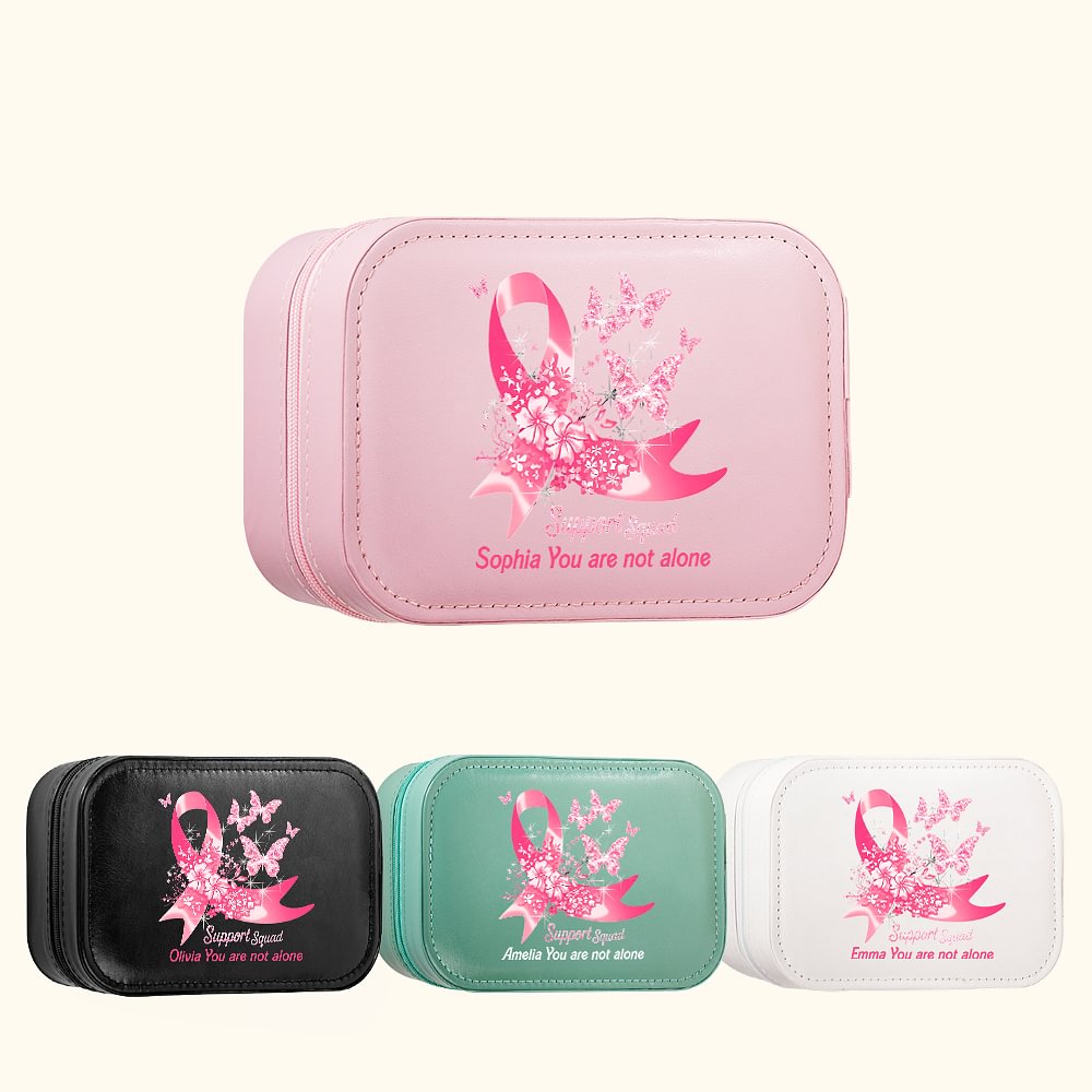 Boîte à bijoux personnalisée en cuir avec ruban rose et miroir de maquillage LED ajustable Cadeau d'anniversaire pour patiente atteinte d'un cancer du