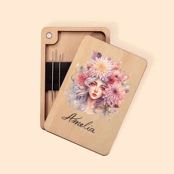 Scatola magnetica per aghi in legno con nome, regalo di compleanno e anniversario per gli amanti del cucito.