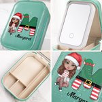 Personalizado Cartoon Carácter Navidad Inicial Joyero de cuero con nombre de cambio de color LED Espejo de maquillaje Regalo de Navidad para los amigo