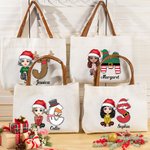 Chapeau de Père Noël Personnalisé Personnage de dessin animé Bonhomme de neige Renne Initiale Poignée en cuir Sac fourre-tout en toile avec Nom Noël F