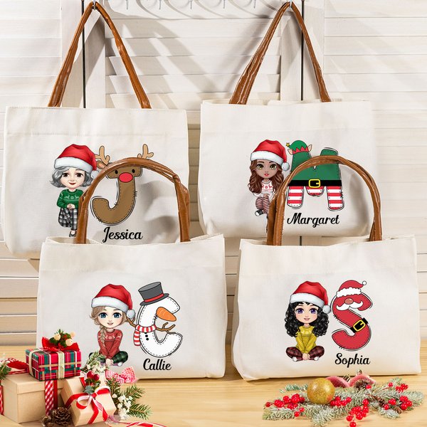Chapeau de Père Noël Personnalisé Personnage de dessin animé Bonhomme de neige Renne Initiale Poignée en cuir Sac fourre-tout en toile avec Nom Noël F