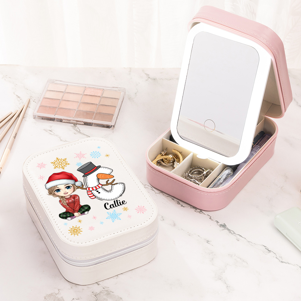 Boîte à Bijoux en Cuir Personnalisée avec Nom Miroir de Maquillage LED à Couleur Changeante Cadeau de Noël pour la Famille et les Amis