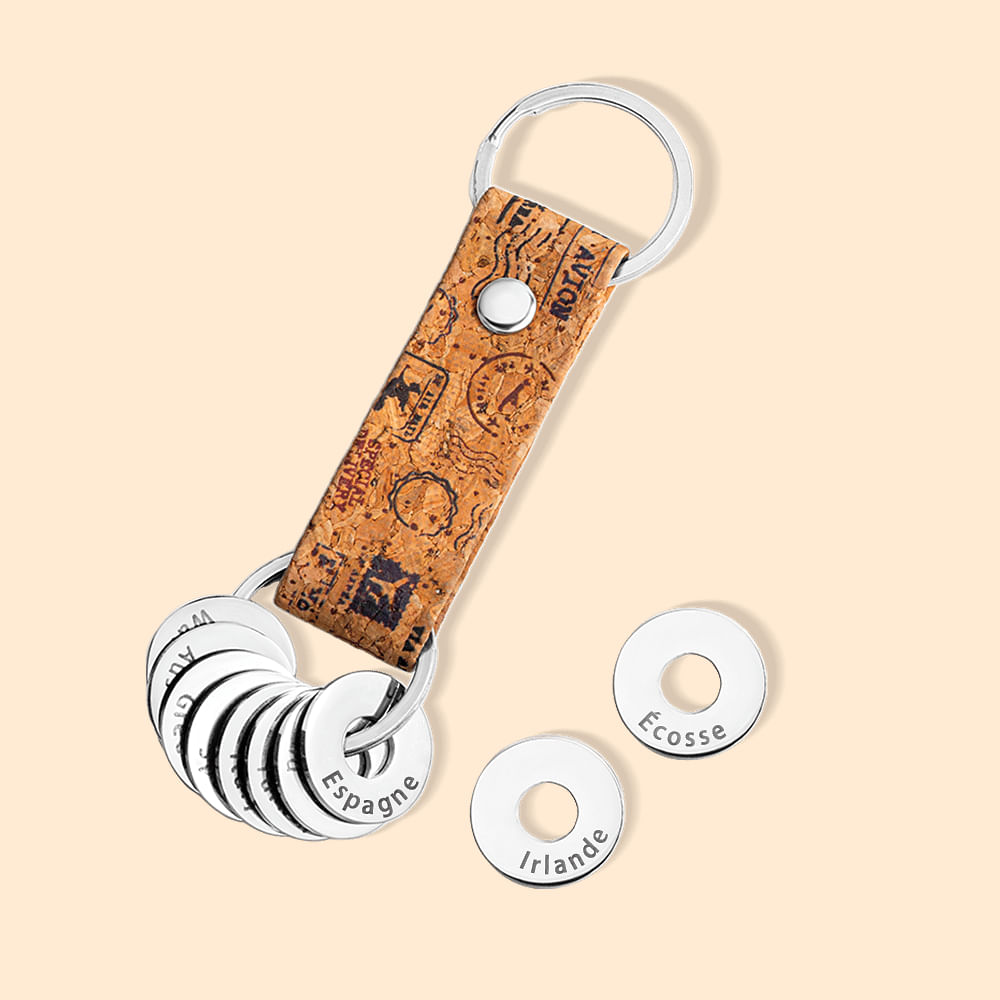 Porte-Clés en Cuir Personnalisé avec Anneau Gravé Nom du pays Cadeau pour Amoureux du Voyage