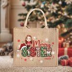 Personalised Cartoon Character Christmas Theme Reusable Jute Tote Bag with Name Merry Christmas Gift for Women Girl
