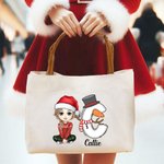 Chapeau de Père Noël Personnalisé Personnage de dessin animé Bonhomme de neige Renne Initiale Poignée en cuir Sac fourre-tout en toile avec Nom Noël F