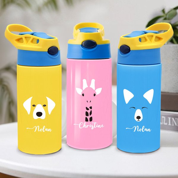 Henkilökohtainen söpö karhu kissa kani eläin kasvot ja häntä 350ml eristetty Kid vesipullo kahvalla ja olki syntymäpäivä loma lahja pojille tytöille