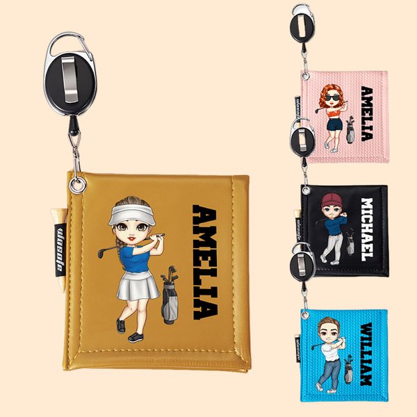 Personalized Cartoon Character PU Leather Absorb Water Golf Towel with Golf Tees Retractable Clip Portable Accessories Birthday Gift for Golf Lovers