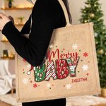 Personalised Cartoon Character Christmas Theme Reusable Jute Tote Bag with Name Merry Christmas Gift for Women Girl