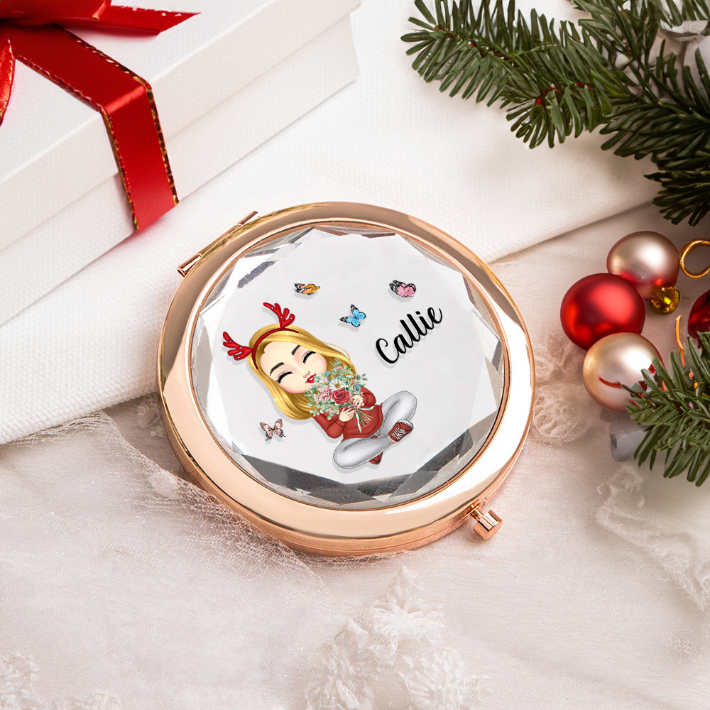 Personalizzato Bouquet di fiori di nascita Personaggio dei cartoni animati Specchio da trucco tascabile con nome Regalo di compleanno della damigella