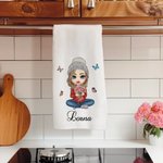 Personalised Cartoon Family Birth Flower 100% Cotton Absorbent Waffle Tea Towel with  Name Kitchen Decor Birthday Housewarming Gift for Mom Grandma