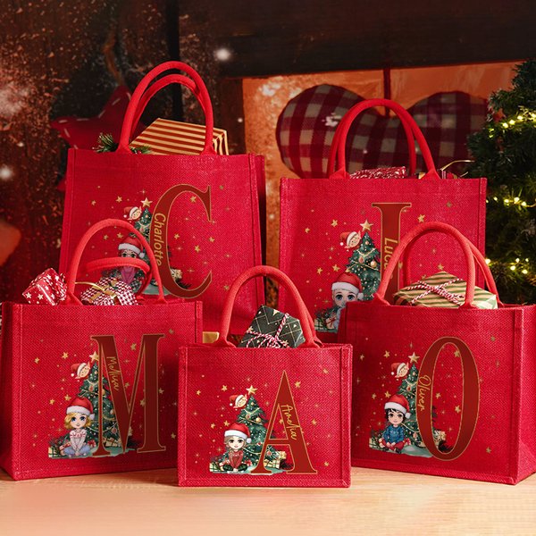 Personalisierte Cartoon-Charakter mit Weihnachtsbaum wiederverwendbare rote Jute Tote Geschenk Tasche mit Initiale und Name Weihnachten Party Geschenk für Familie Kinder