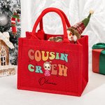 Personalised Cousin Crew Cartoon Character Large Red Burlap Tote Bag with Name Party Favor Christmas Gift for Kids Adults
